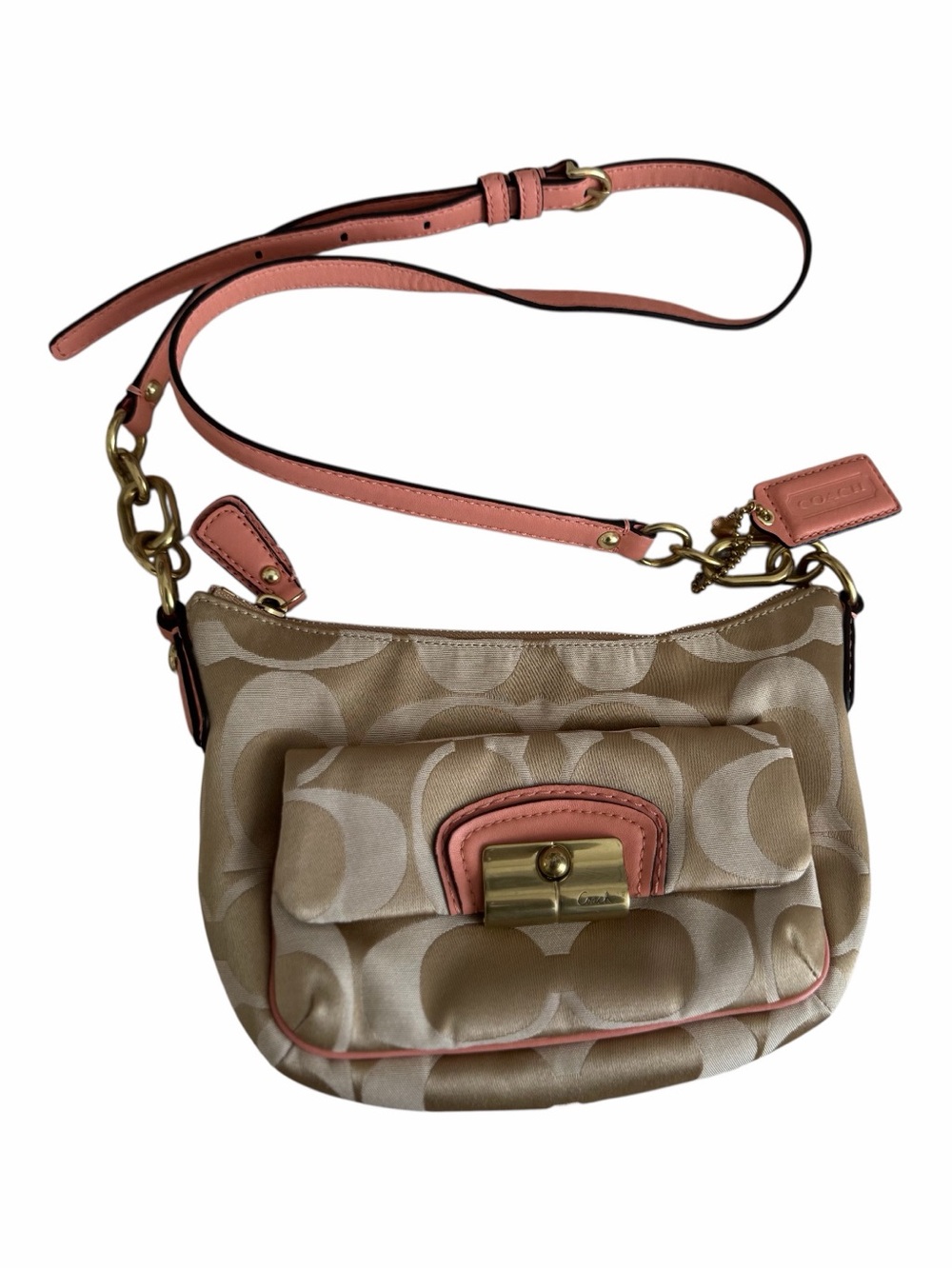 Coach Khaki Signature Canvas Crossbody with Pink Trim